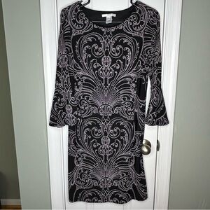 Studio One New York Black & White Allover Print Midi Dress Flowy Bell Sleeves